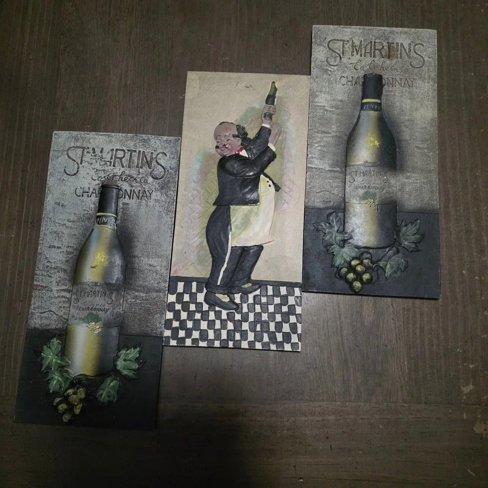Unbranded 3D Wine Wall Plaque Set 3pc Multicolor Good Relief Waiter Chardonnay